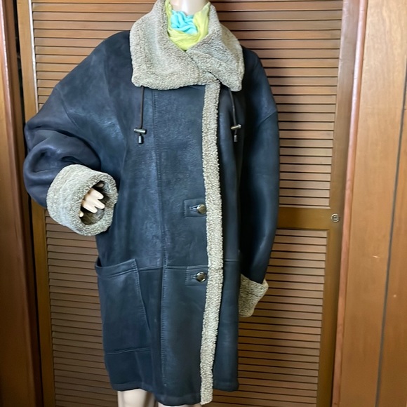 Jackets & Blazers - Black Sheepskin Leather & Shearling Long Oversized Coat Womens Size Large